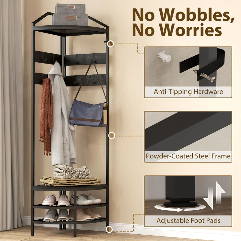 Industrial Corner Hall Tree Coat Rack with Shelves & Hooks