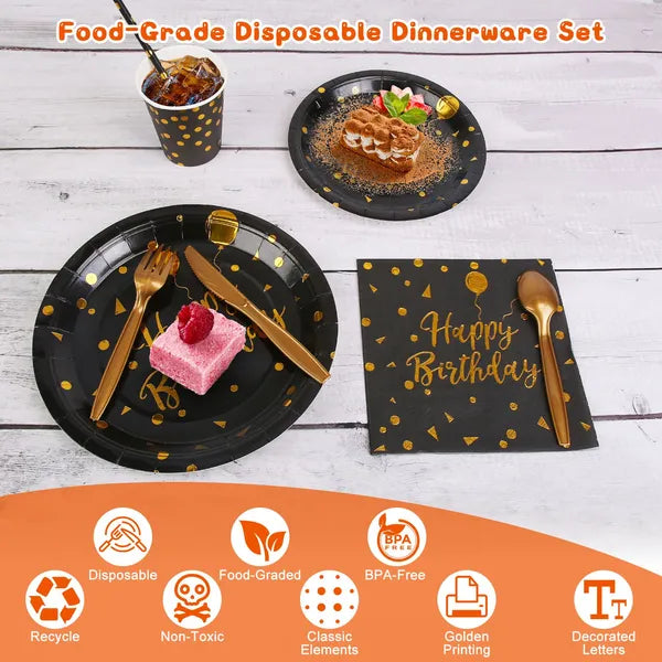 201PCS Black Gold Birthday Party Supplies Dinnerware Set