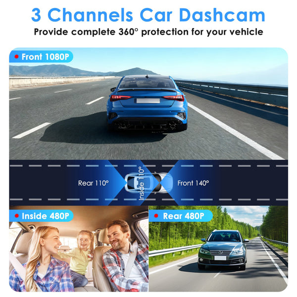 3 Channel Dash Cam 1080P Car Camera Front Interior Rear