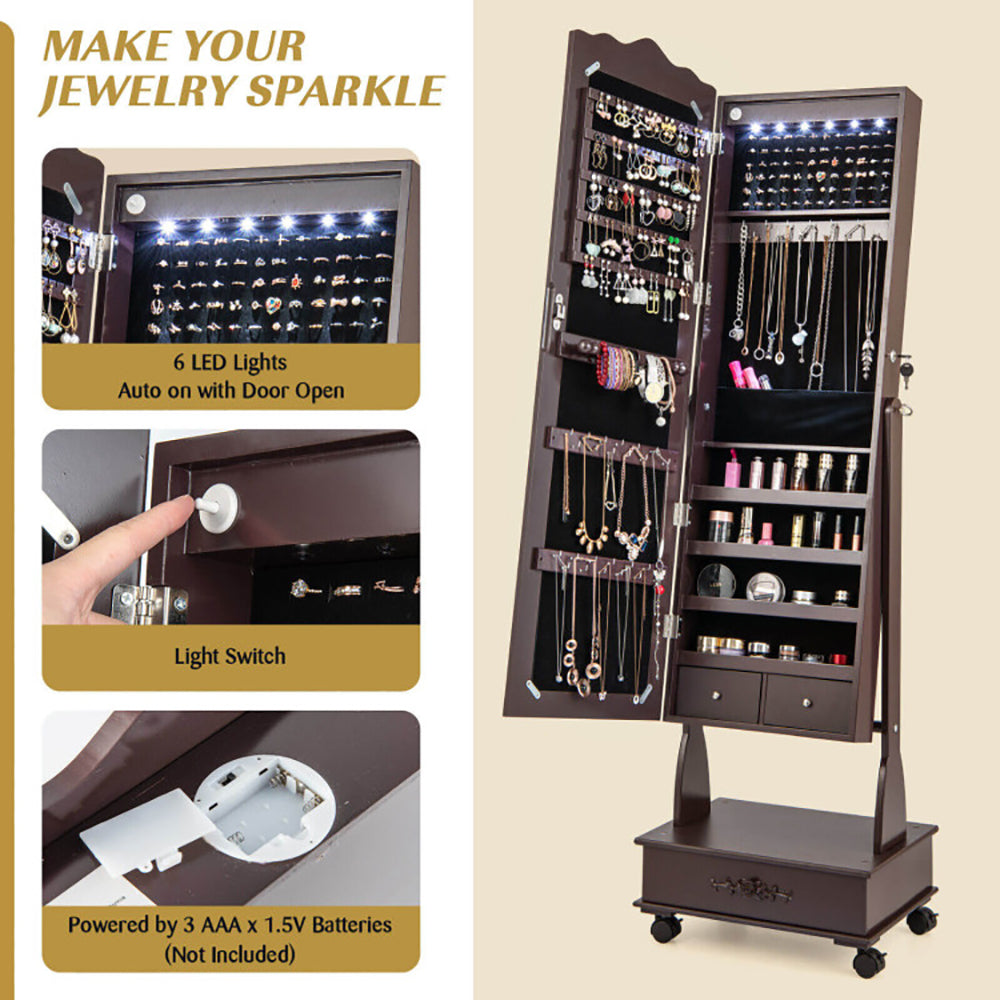Luxury Rolling Mirrored Jewelry Armoire with Lock & LED Lights