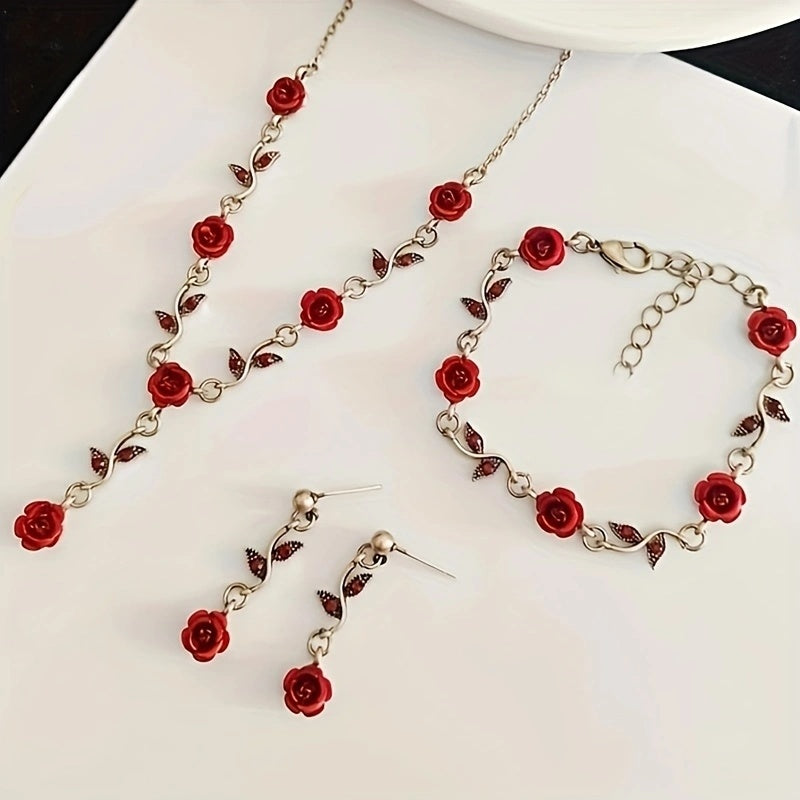 Luxury Romantic Red Rose Jewelry Set Handmade Bridal Elegance