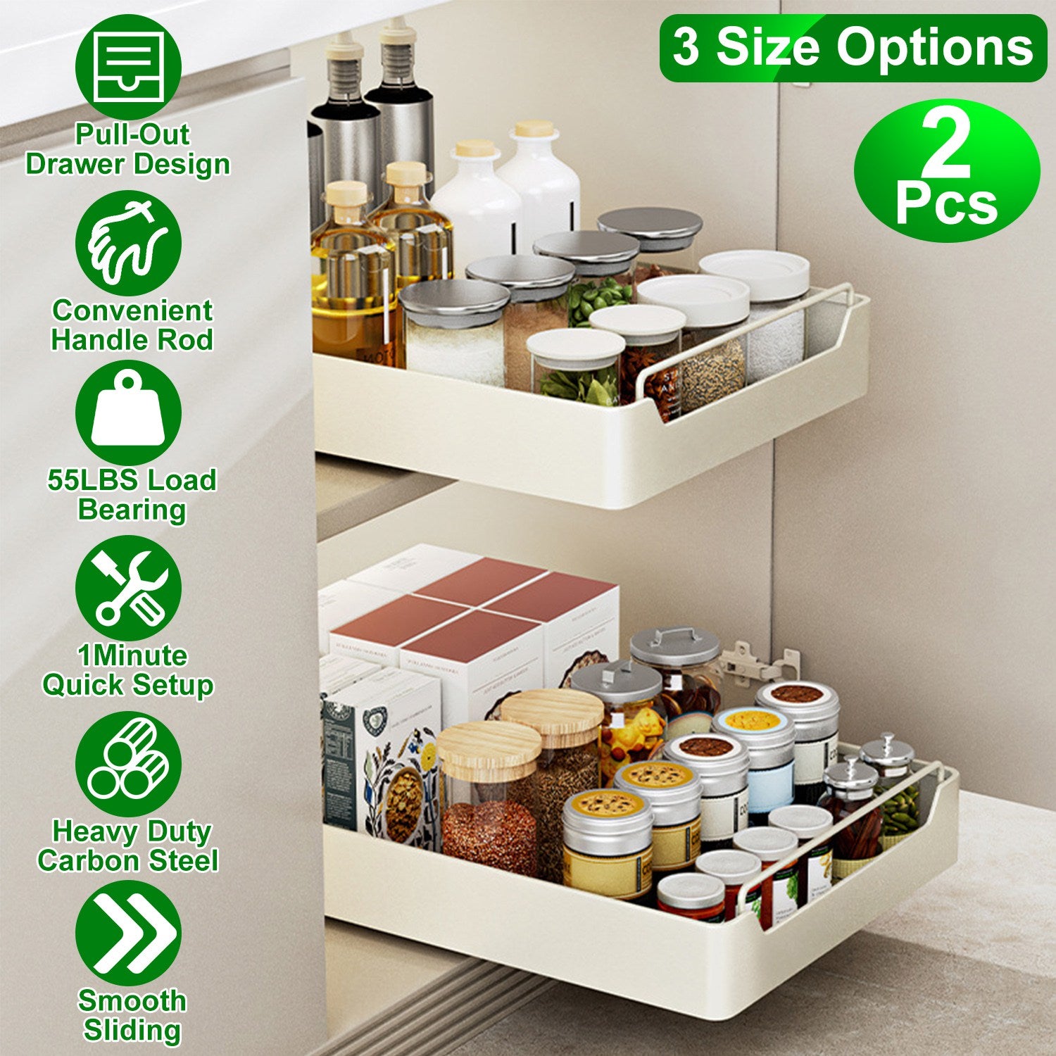 2Pcs Pull Out Cabinet Organizers Sliding Shelf Heavy Duty Drawers