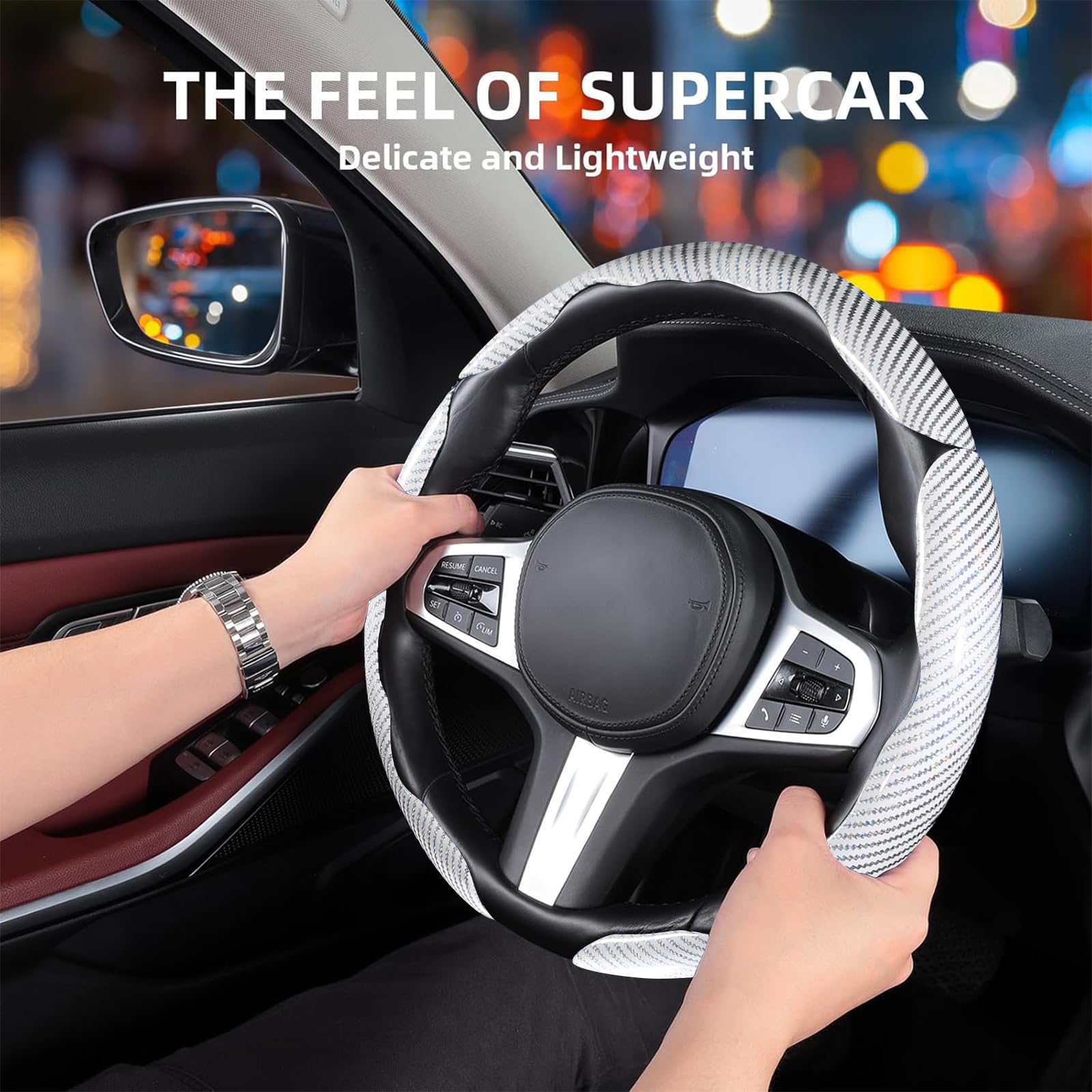 3 Piece Carbon Fiber Steering Wheel Cover Clip On White Universal