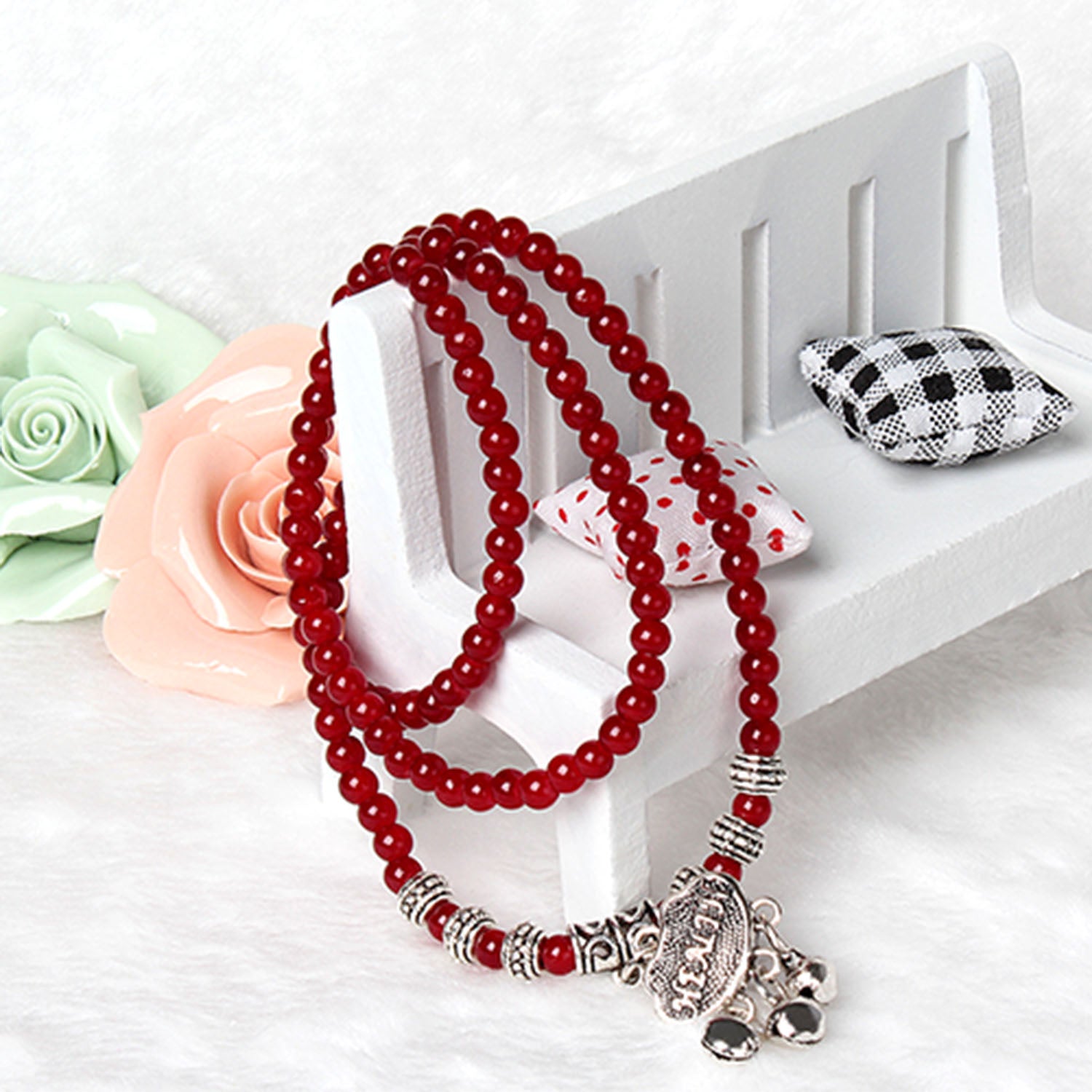 Lucky Red Agate Beaded Bracelet Thai Amulet Good Fortune