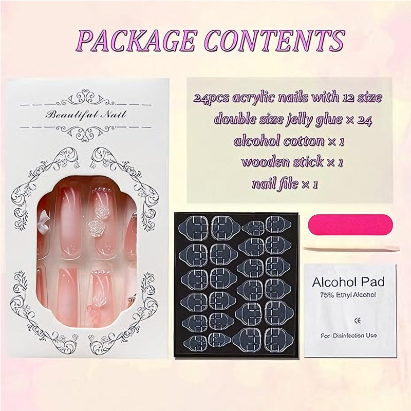 24 PCS Planet Pearl Flower Long Fake Nails