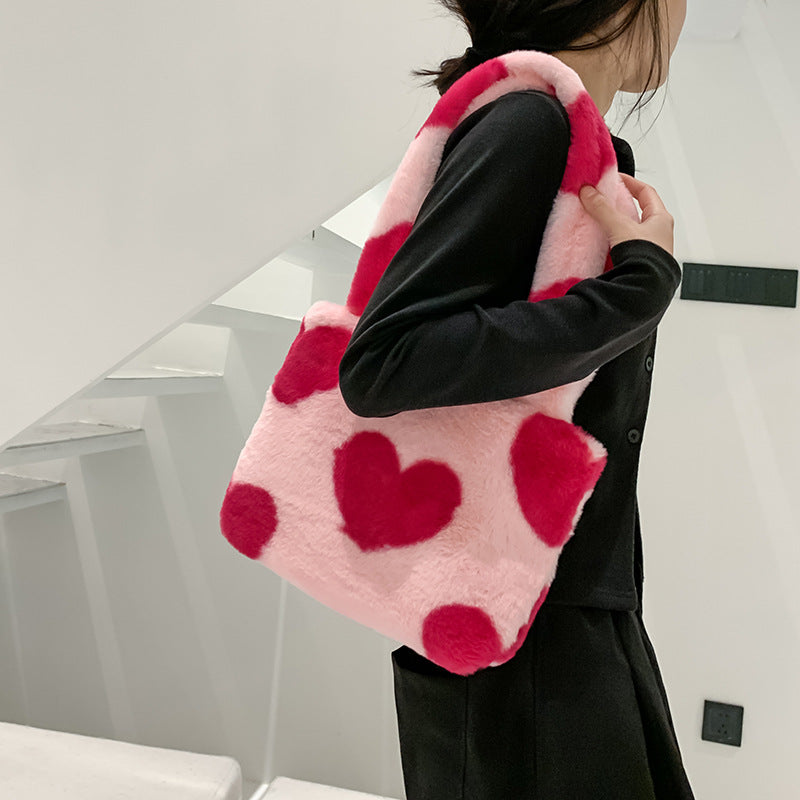 Fashion Love Heart Womens Furry Fluffy Bag Cute Soft Shoulder Bag