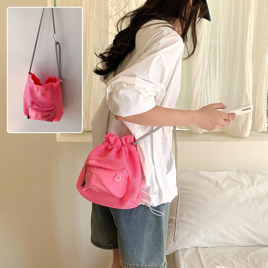 Small Mesh Drawstring Bucket Bag Cute Fashion Messenger Shoulder Bag for Women