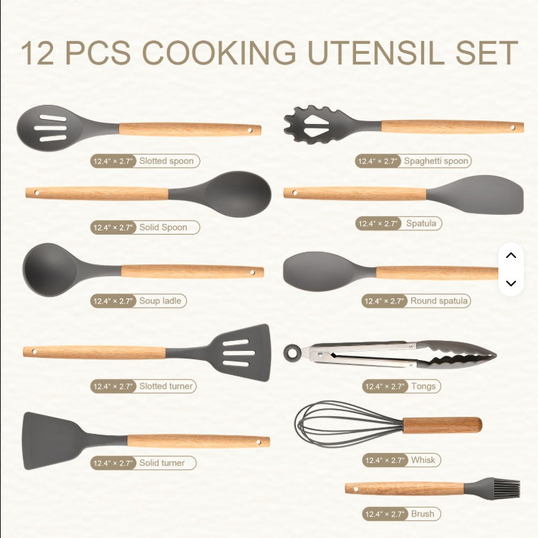 12-Piece Non-Stick Silicone Kitchen Utensil Set Gray