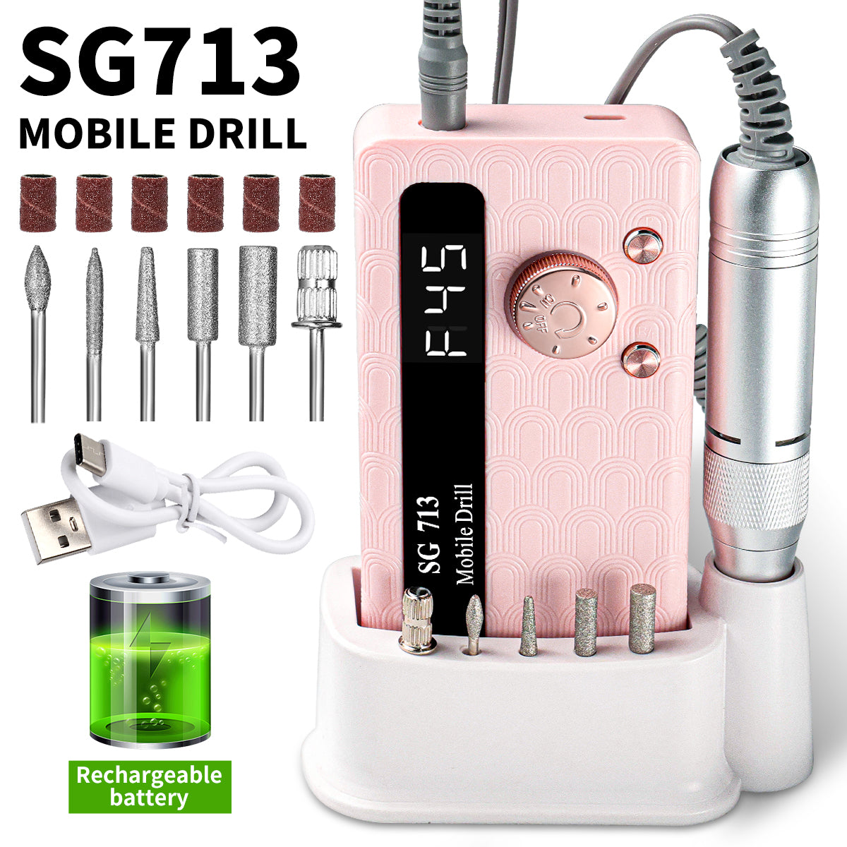 45000RPM Portable Rechargeable Electric Nail Drill Kit