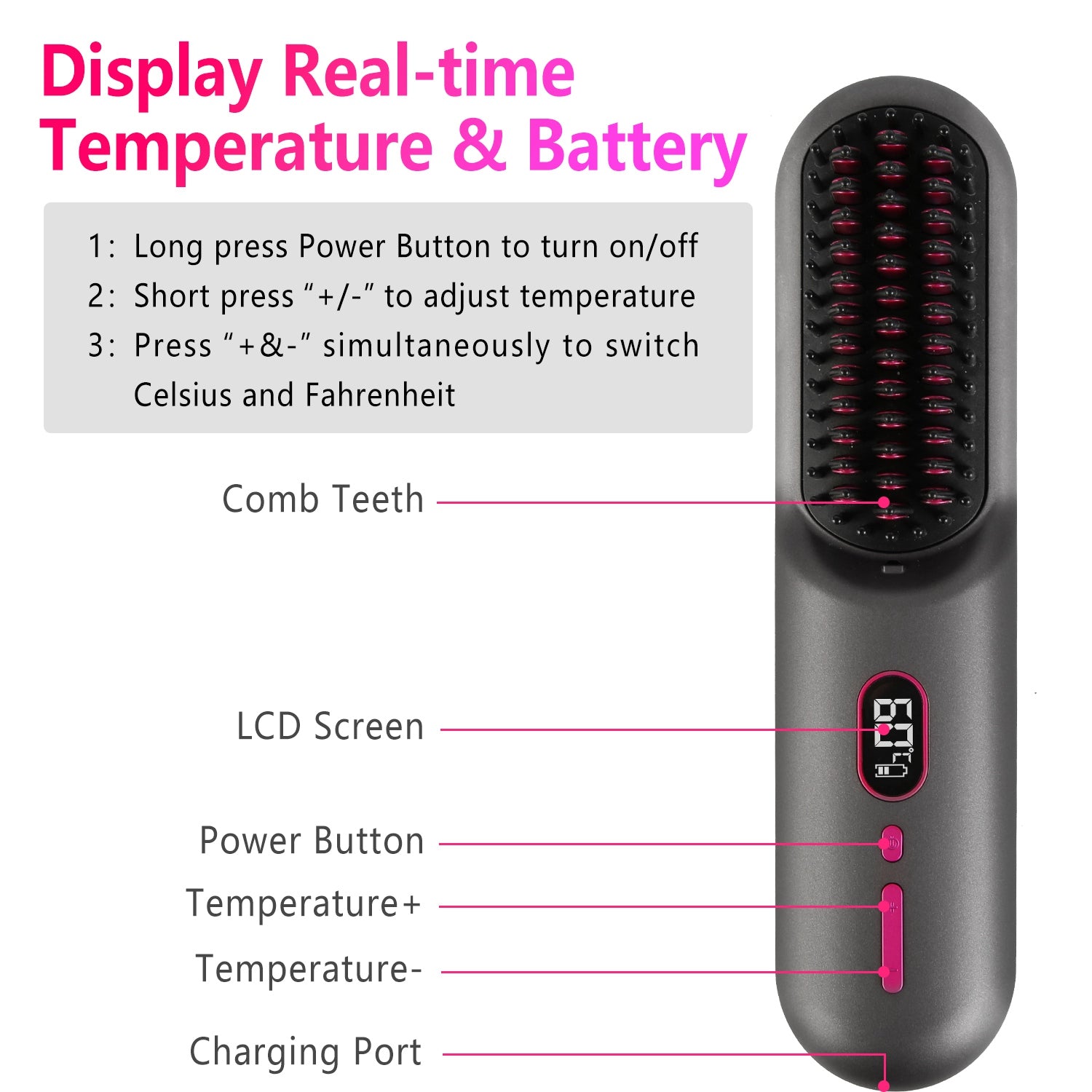 Cordless Negative Ion Hair Straightener Brush Mini LCD Styling Comb