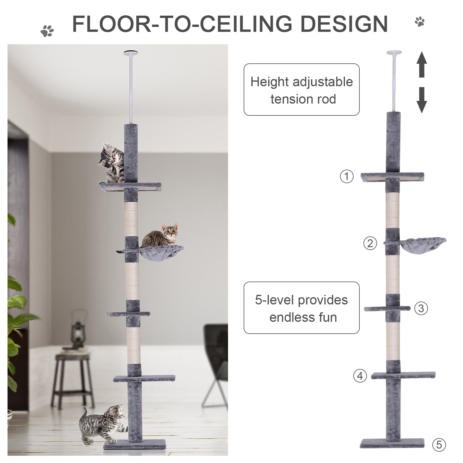 Premium Adjustable Floor to Ceiling Cat Tree with Hammock