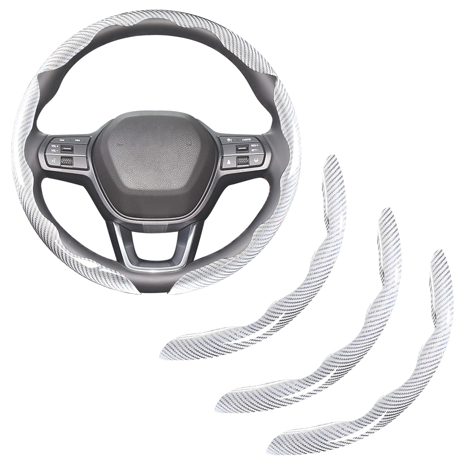 3 Piece Carbon Fiber Steering Wheel Cover Clip On White Universal