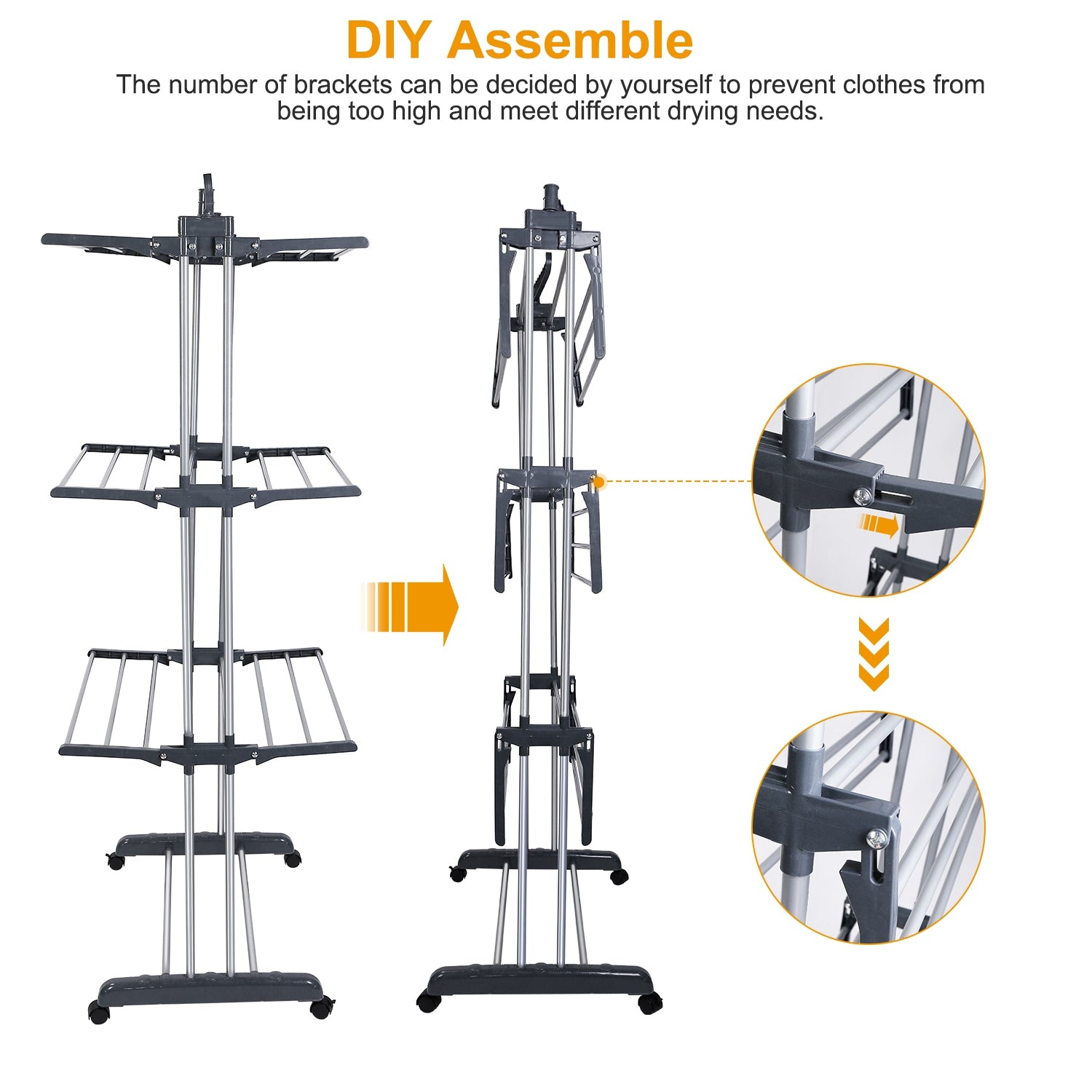 Heavy Duty 3-Tier Clothes Drying Rack with Wheels & Side Wings