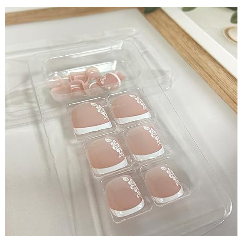 24PCS White Flower French Tip Press On Toenails for Women