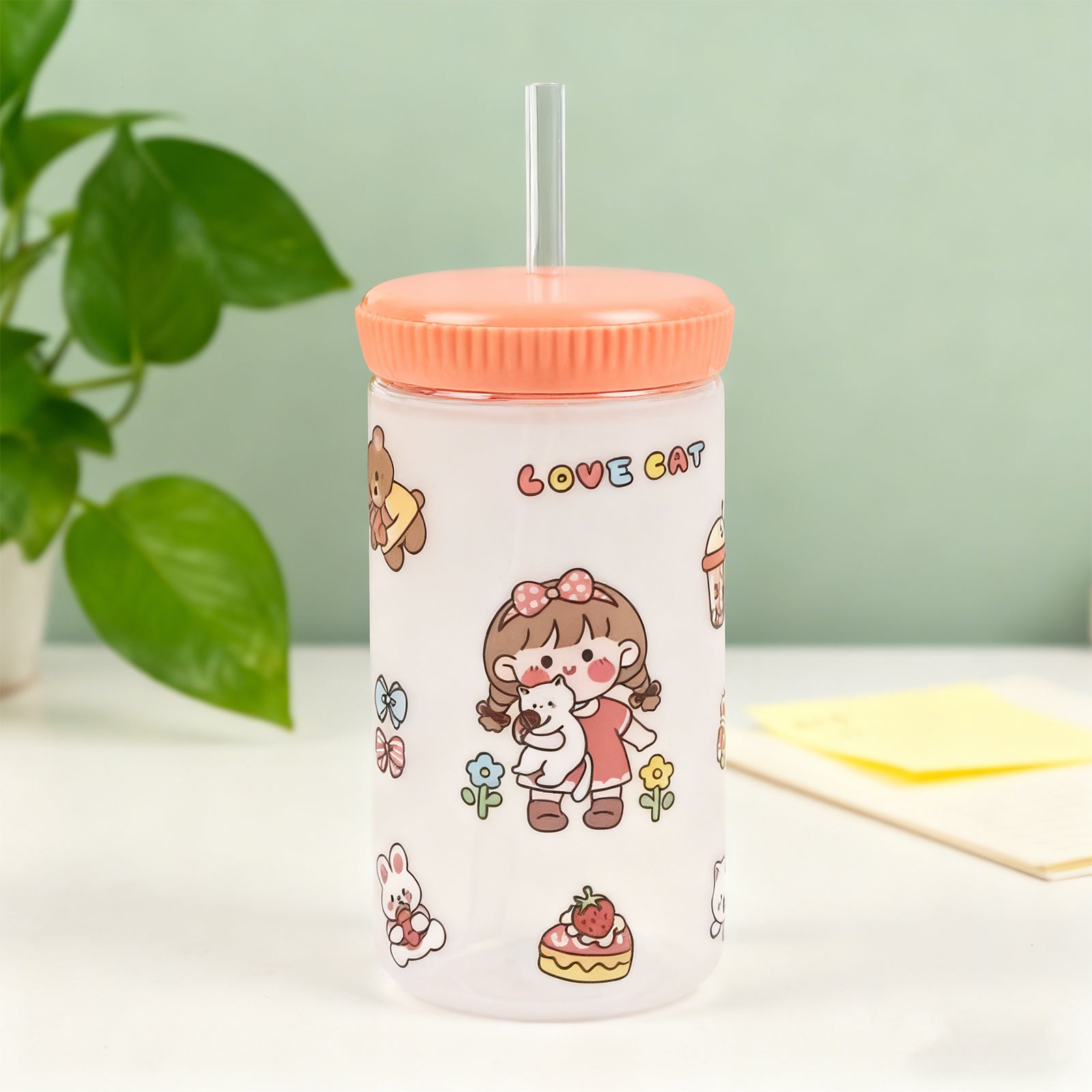 500ml Cartoon Straw Water Bottle Pink Kids Drink Bottle