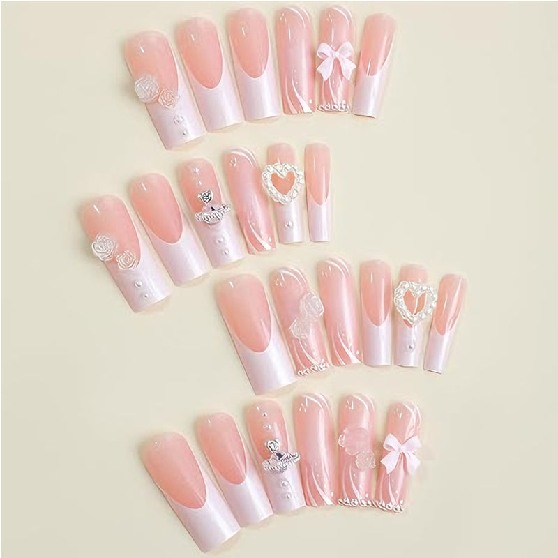 24 PCS Planet Pearl Flower Long Fake Nails