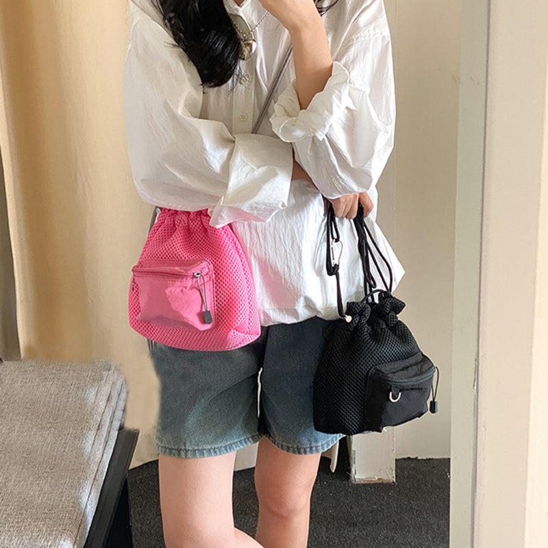 Small Mesh Drawstring Bucket Bag Cute Fashion Messenger Shoulder Bag for Women