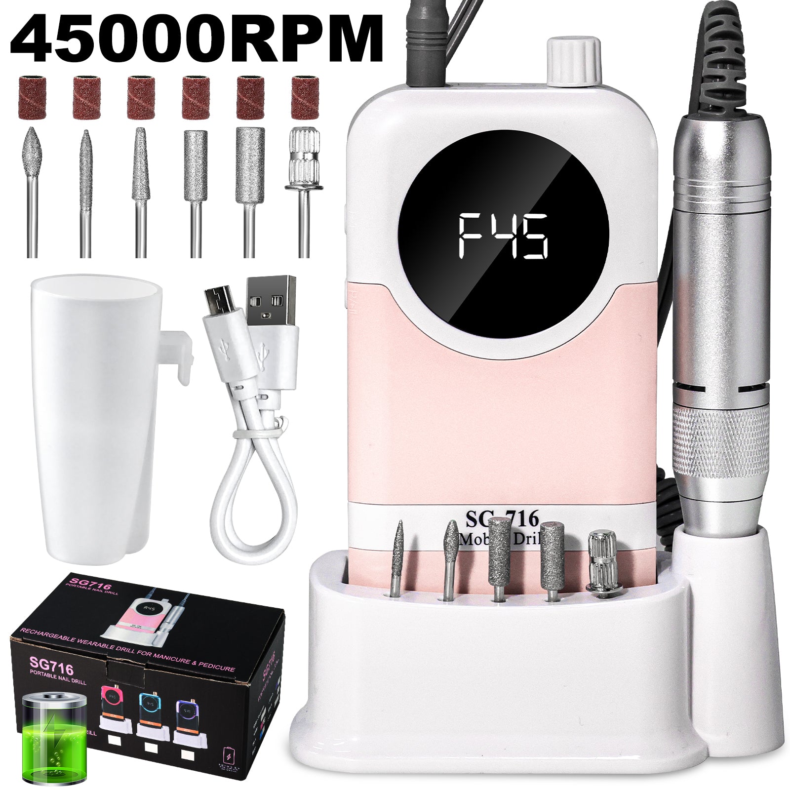 45000 RPM Portable Electric Nail Drill Kit with 6 Bits & LED