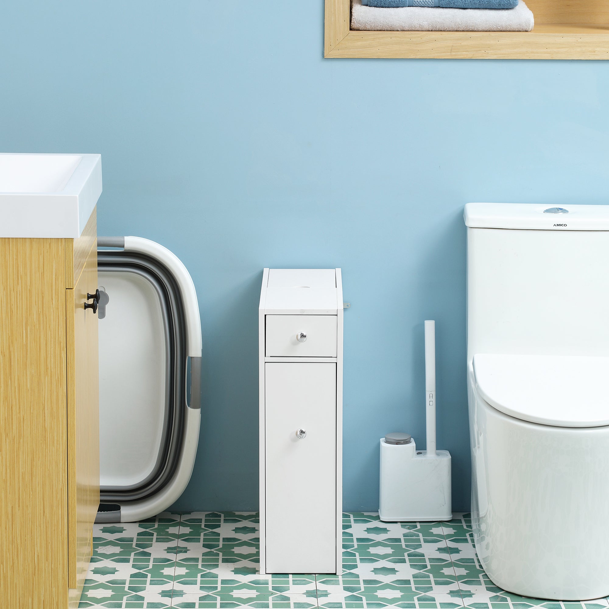 Narrow Bathroom Floor Organizer Cabinet with Drawers White