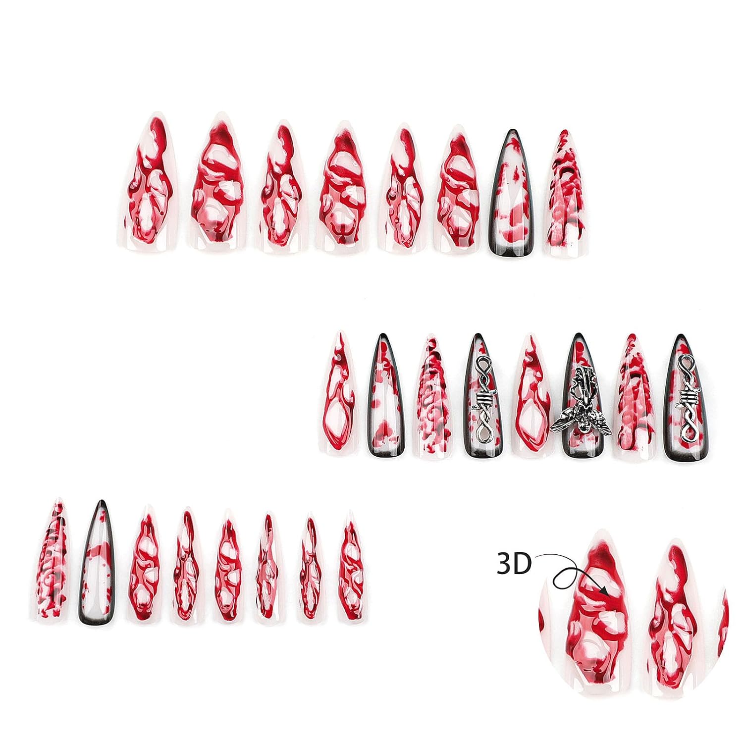 24 PCS Extra Long 3D Blood Angel Fake Nails