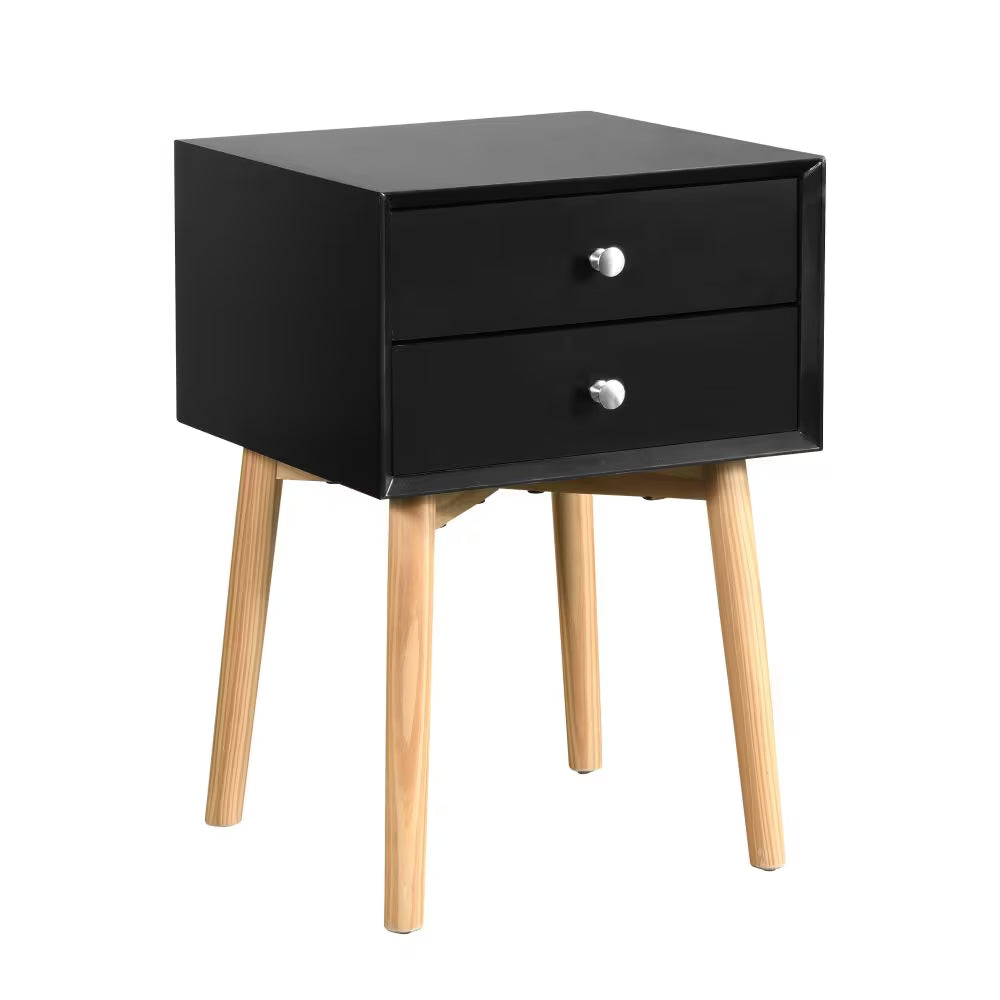 Modern Bedside Table with 2 Drawers & Solid Wood Legs Storage