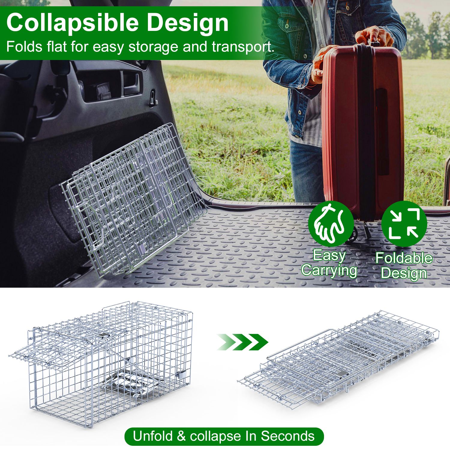 2-Pack Humane Live Animal Trap Cages – Collapsible Single Door Catch & Release Traps