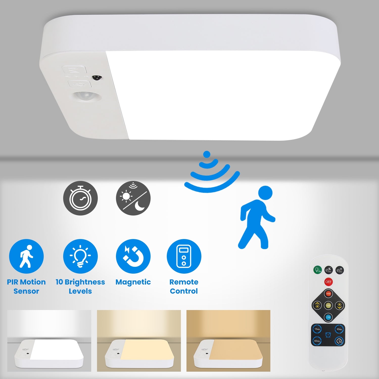 Motion Sensor Ceiling Light Rechargeable Remote Dimmable LED
