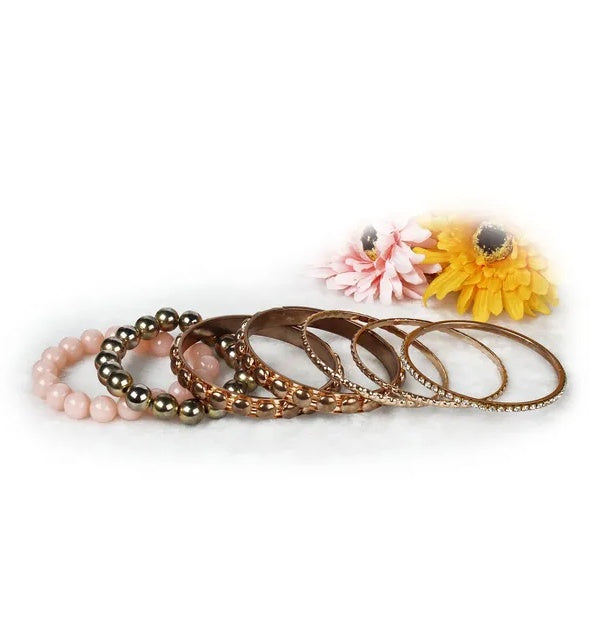 Elegant 7Pc Gold Bangle Bracelet Set Rhinestone Retro Jewelry