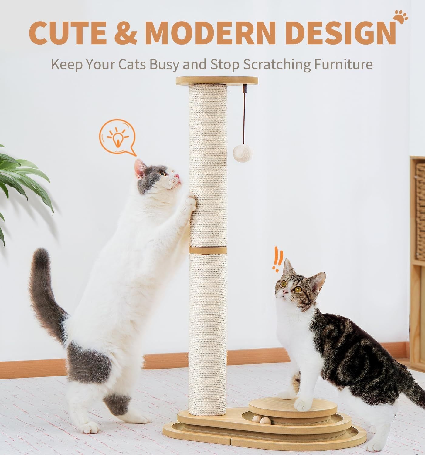 Interactive Cat Scratching Post with Ball Track Toy – Sisal Cat Scratcher for Indoor Cats