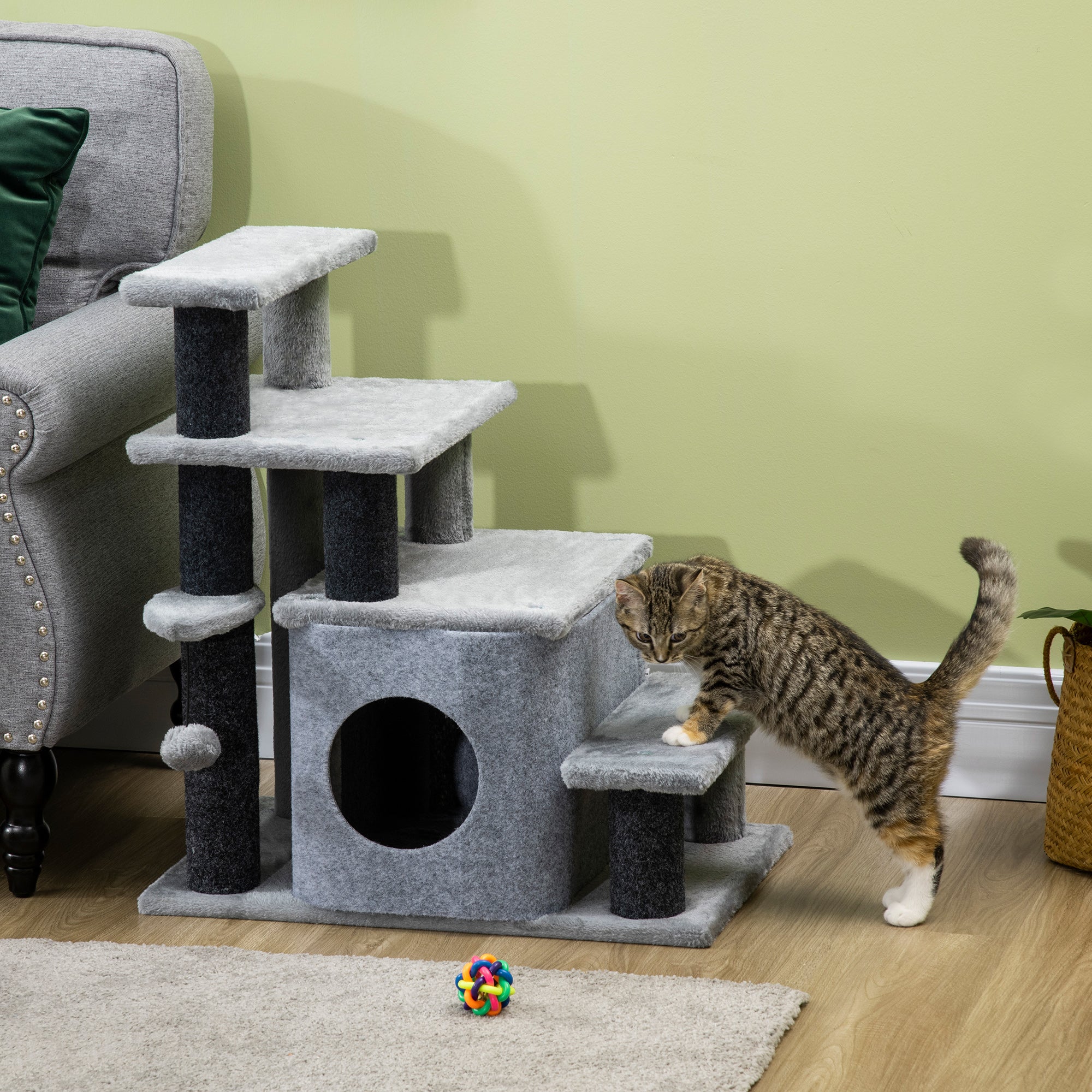 Adjustable Cat Stairs with Scratching Post & Condo – 3-Step/4-Step Pet Steps for Bed & Sofa