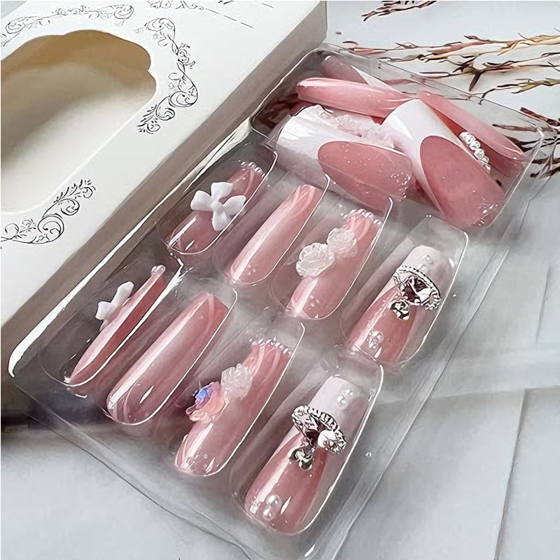 24 PCS Planet Pearl Flower Long Fake Nails