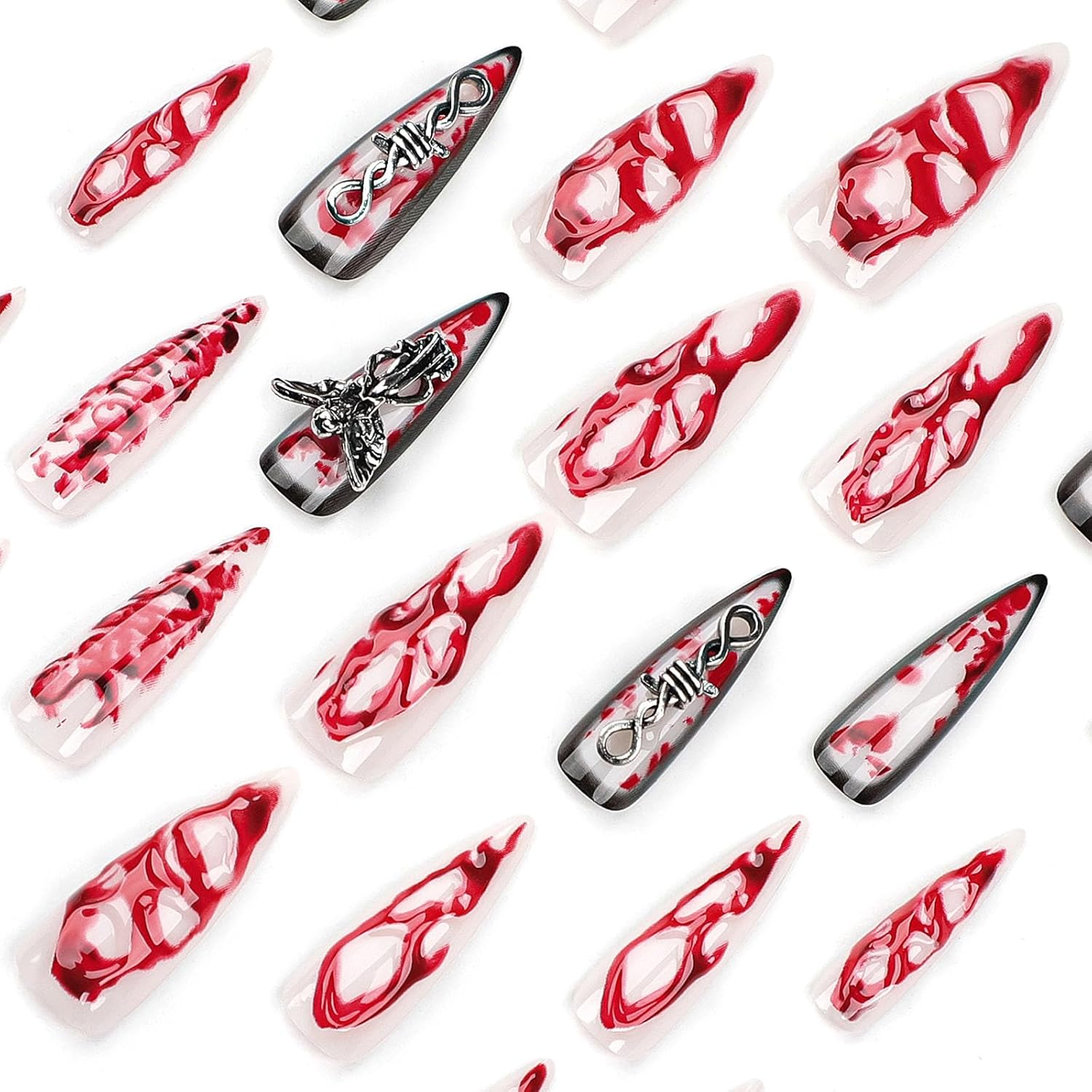 24 PCS Extra Long 3D Blood Angel Fake Nails
