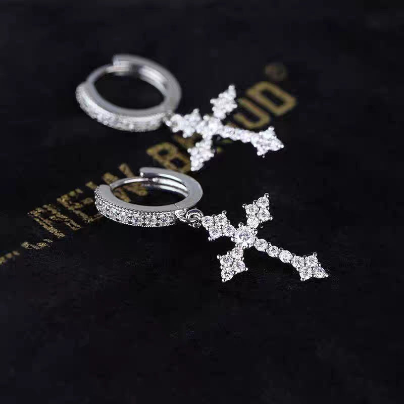 Luxury Zircon Cross Dangle Hoop Earrings for Men Stylish