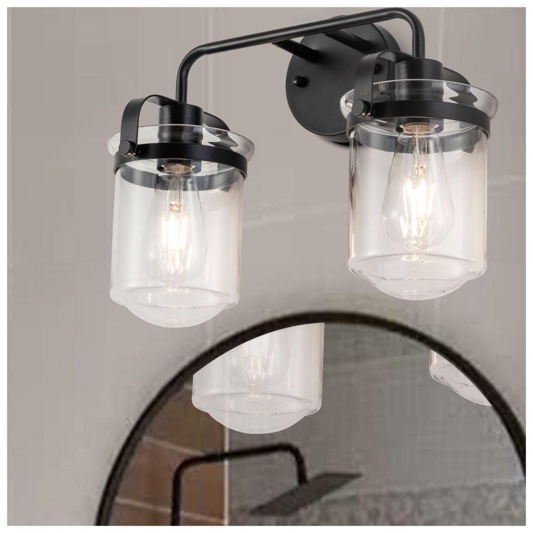 Modern Wall Sconce 2-Light Clear Glass Shade E26 Black Fixture